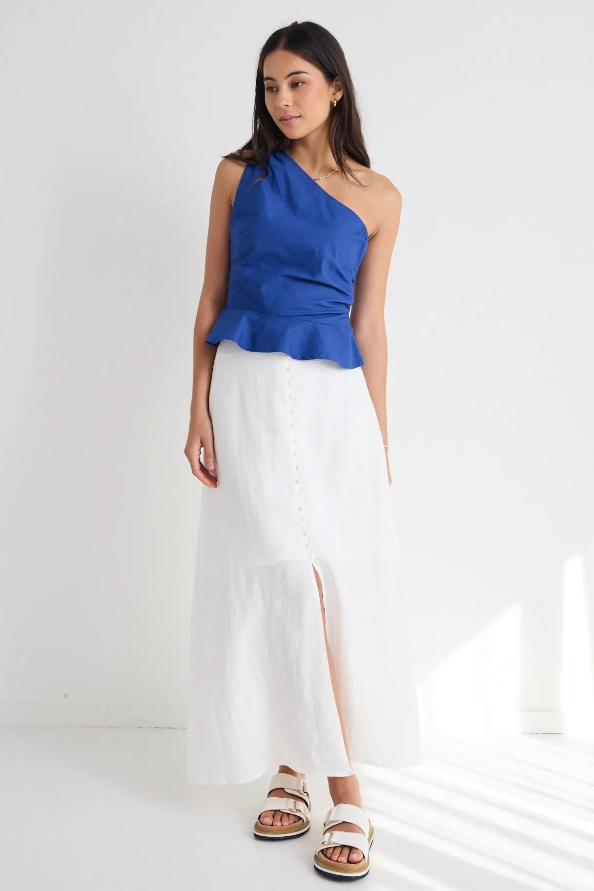 Mercy White Linen Button Front Aline Skirt