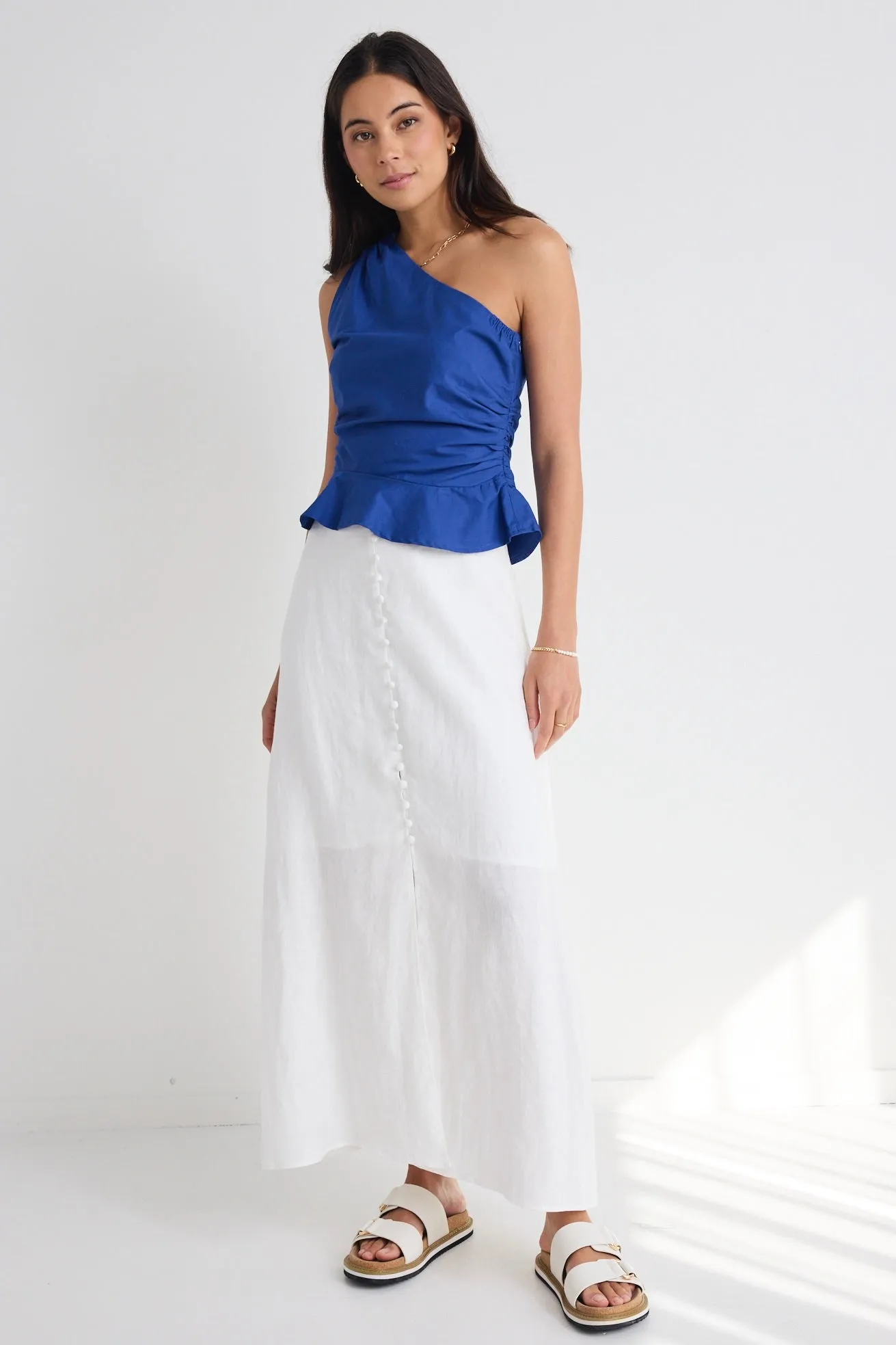 Mercy White Linen Button Front Aline Skirt