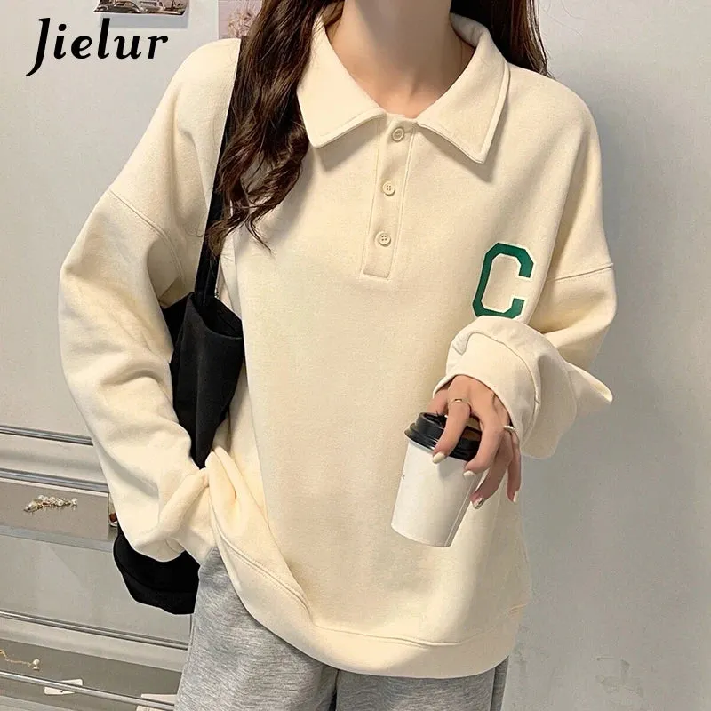 Metaversmall Autumn Polo Women Hoodies Korean Fashion Streetwear Casual Loose Cool Buttons Letter Print Gray White Black Sweatshirt