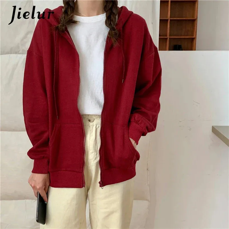 Metaversmall Pure Color Red Purple Zip-up Hoodies Women Fashion Casual Hooded Female Sweatshirt Autumn Thin Streetwear Girls M-XL