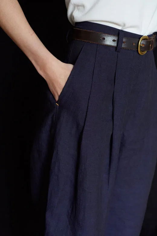 Navy Pleated Wide Irish Linen Trousers