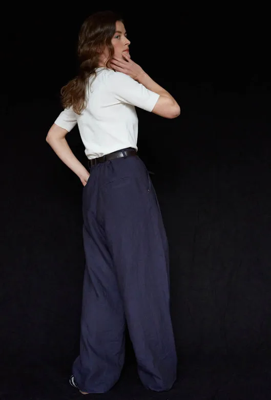 Navy Pleated Wide Irish Linen Trousers