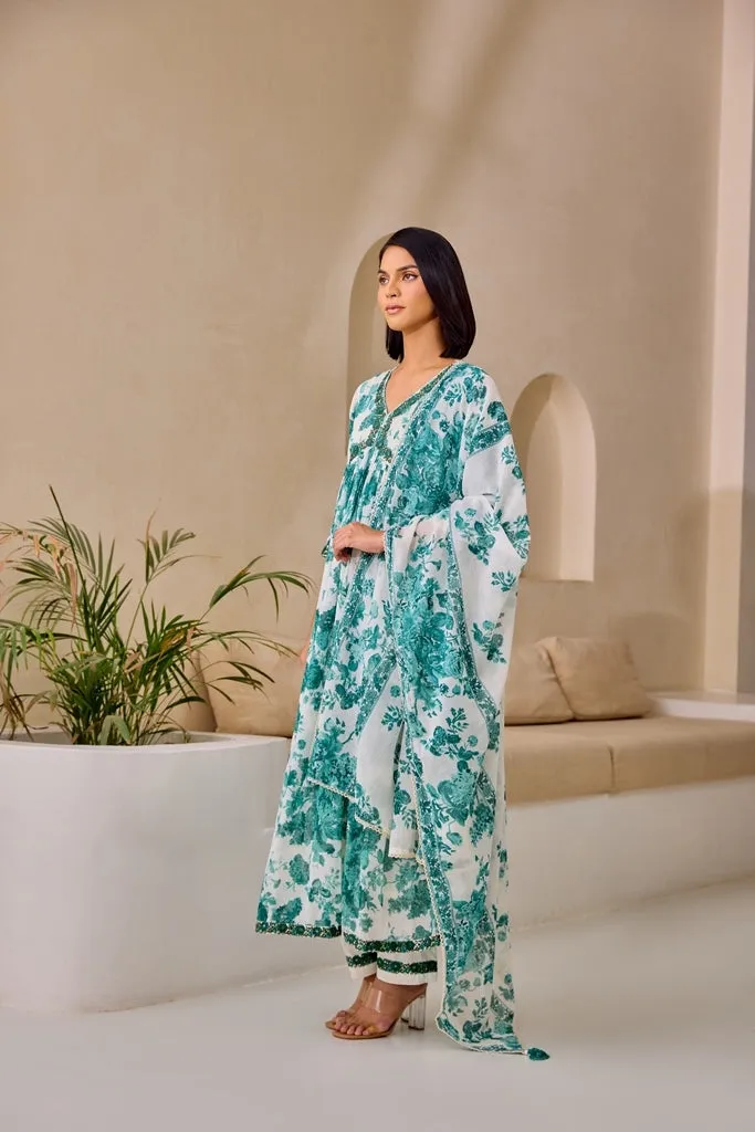 Neerus Green Flared Floral Kurta And Trousers With Dupatta