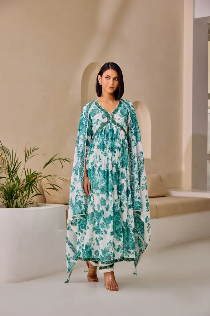 Neerus Green Flared Floral Kurta And Trousers With Dupatta