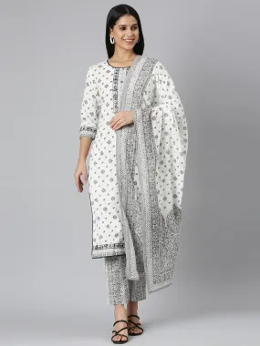 Neerus white Regular Straight Printed Kurta and Trousers With Dupatta