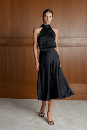 NOMA black satin midi cocktail dress