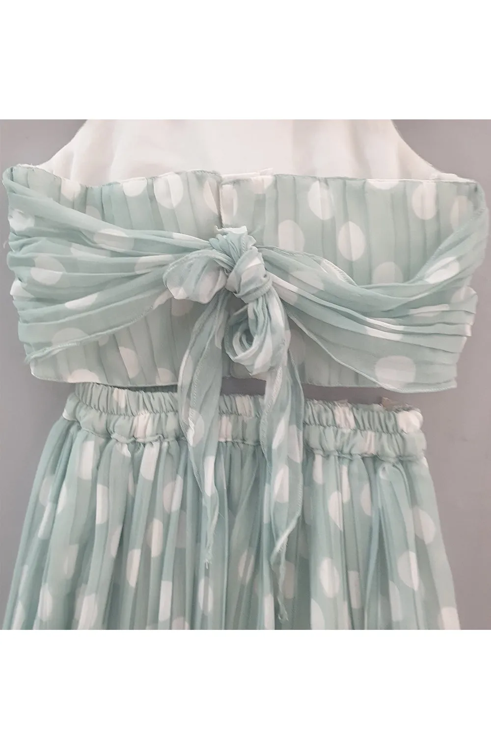 Pastel green pleated halter top with asymmetrical skirt