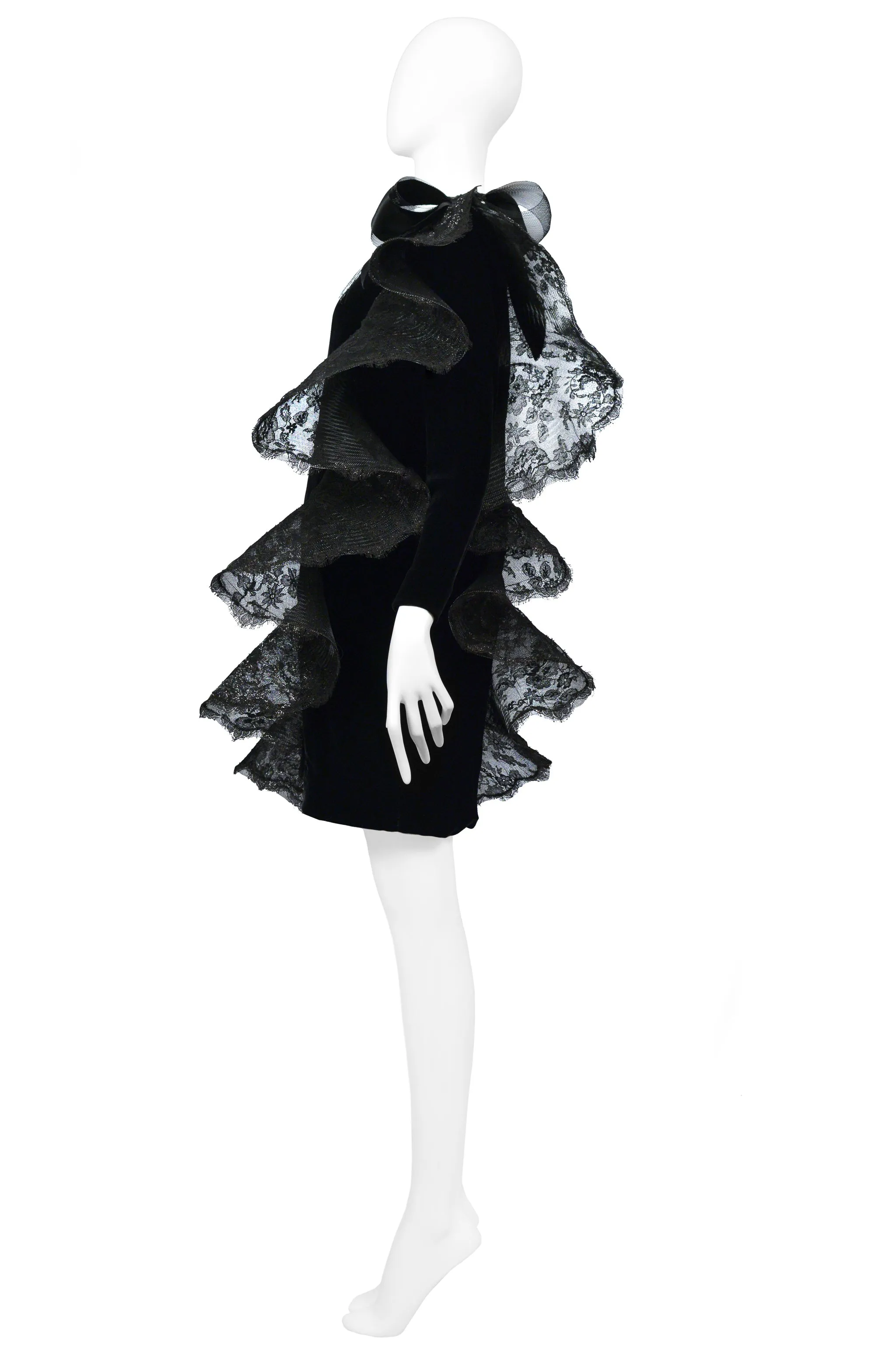 PIERRE CARDIN BLACK VELVET & LACE RUFFLE DRESS 1991