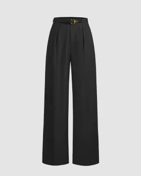 Pleated High Waisted Wide Leg Black Trousers