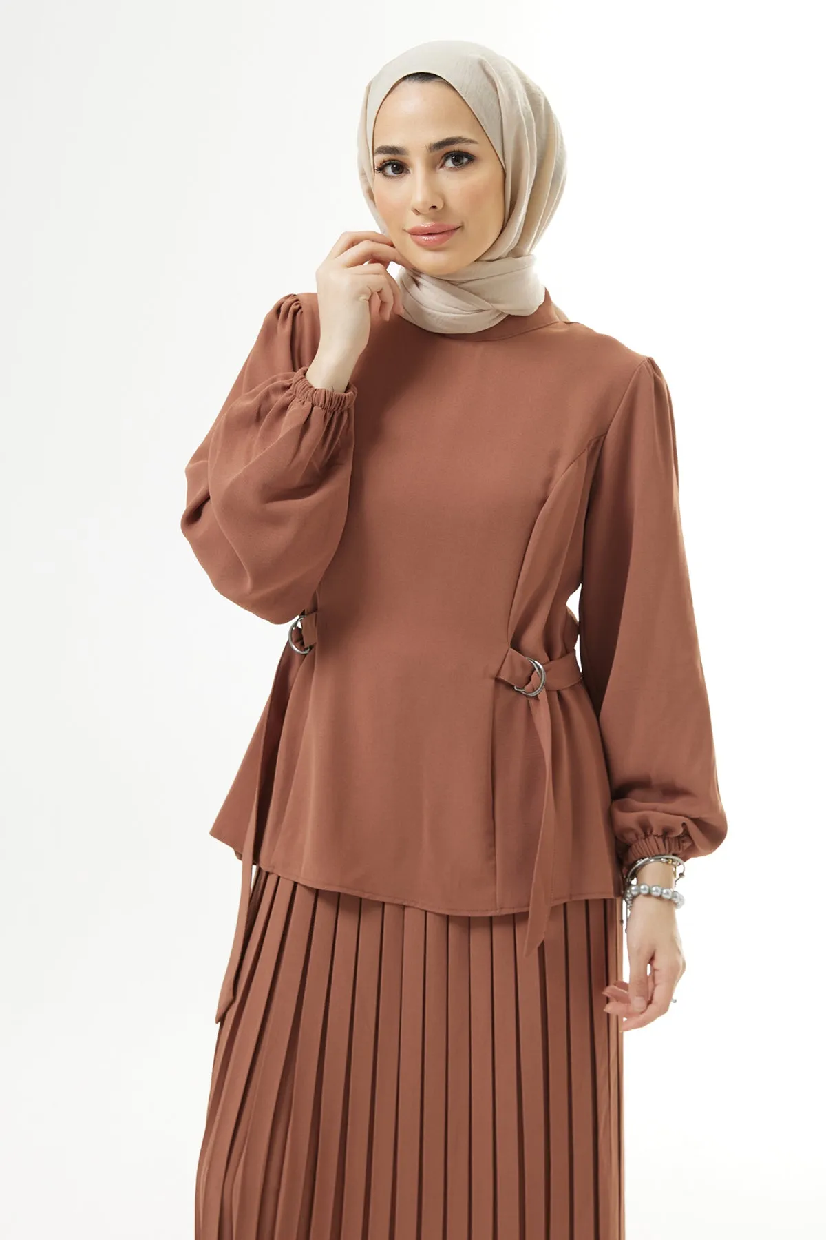 Pleated Skirt and Belted Blouse Set