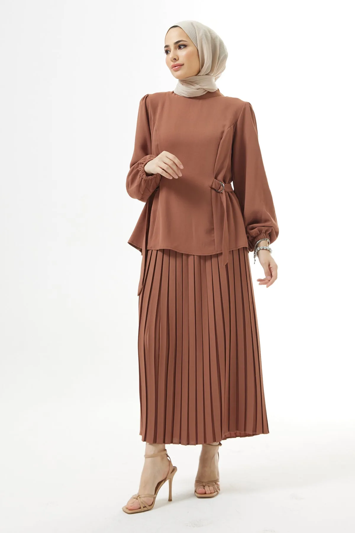 Pleated Skirt and Belted Blouse Set