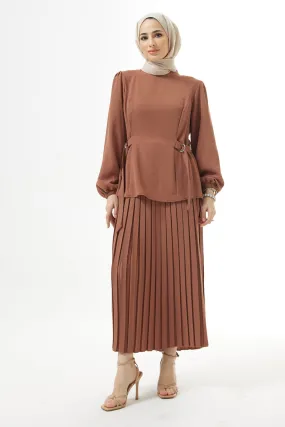 Pleated Skirt and Belted Blouse Set