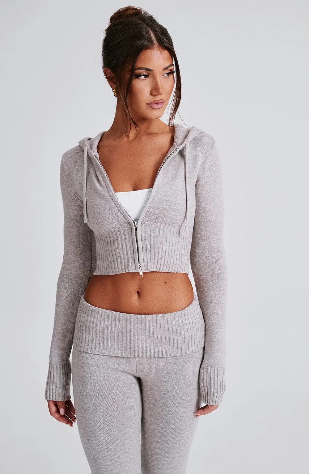 Portia Knit Hoodie - Light Grey Marl