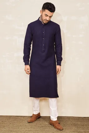 Quilted Kurta with Grey mock Band & Pleated Trousers