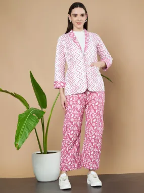 Quilted Pink Chevron Blazer & Trouser Set for Women