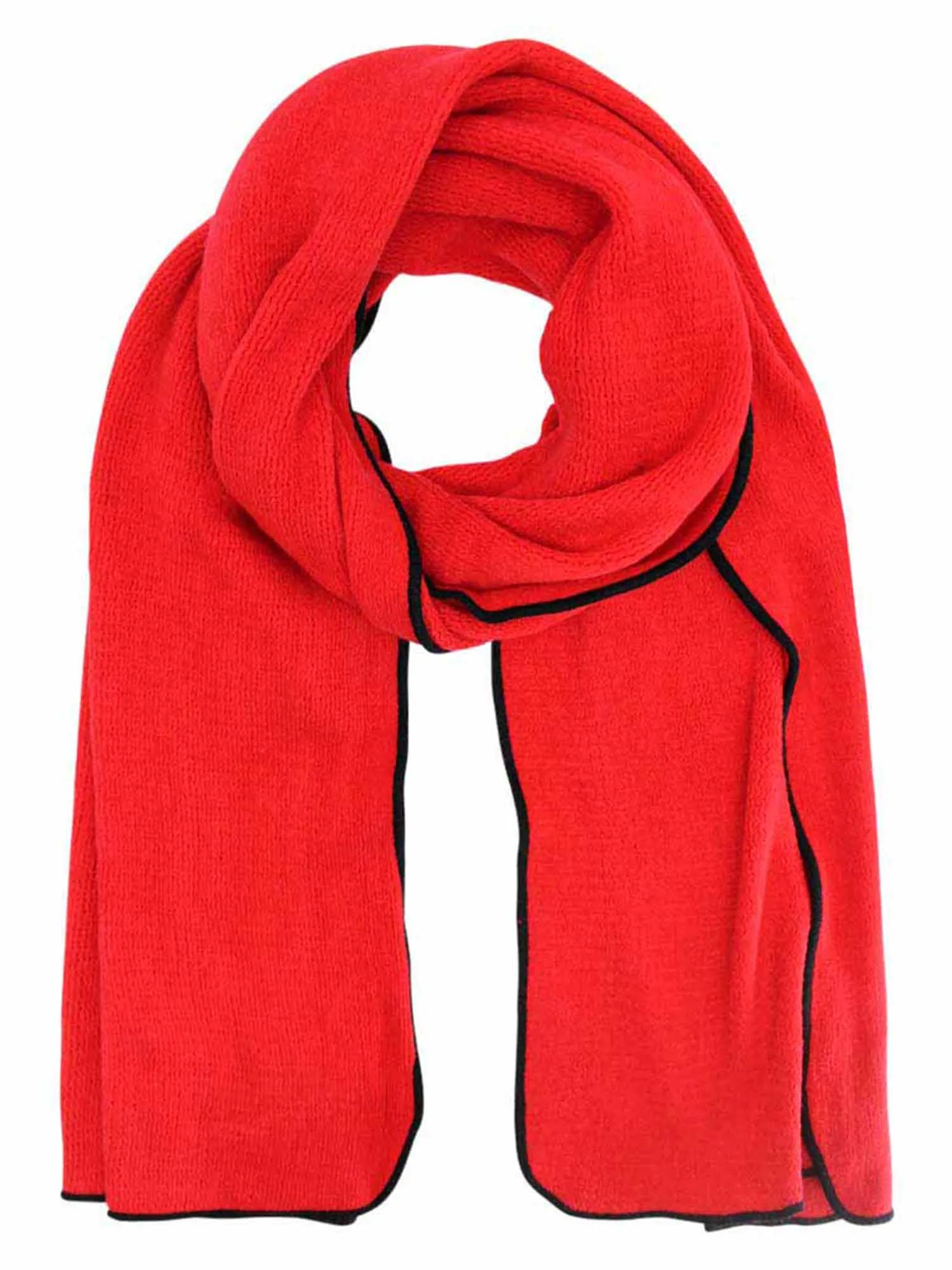 Red Knit Soft Winter Oblong Unisex Scarf With Black Trim