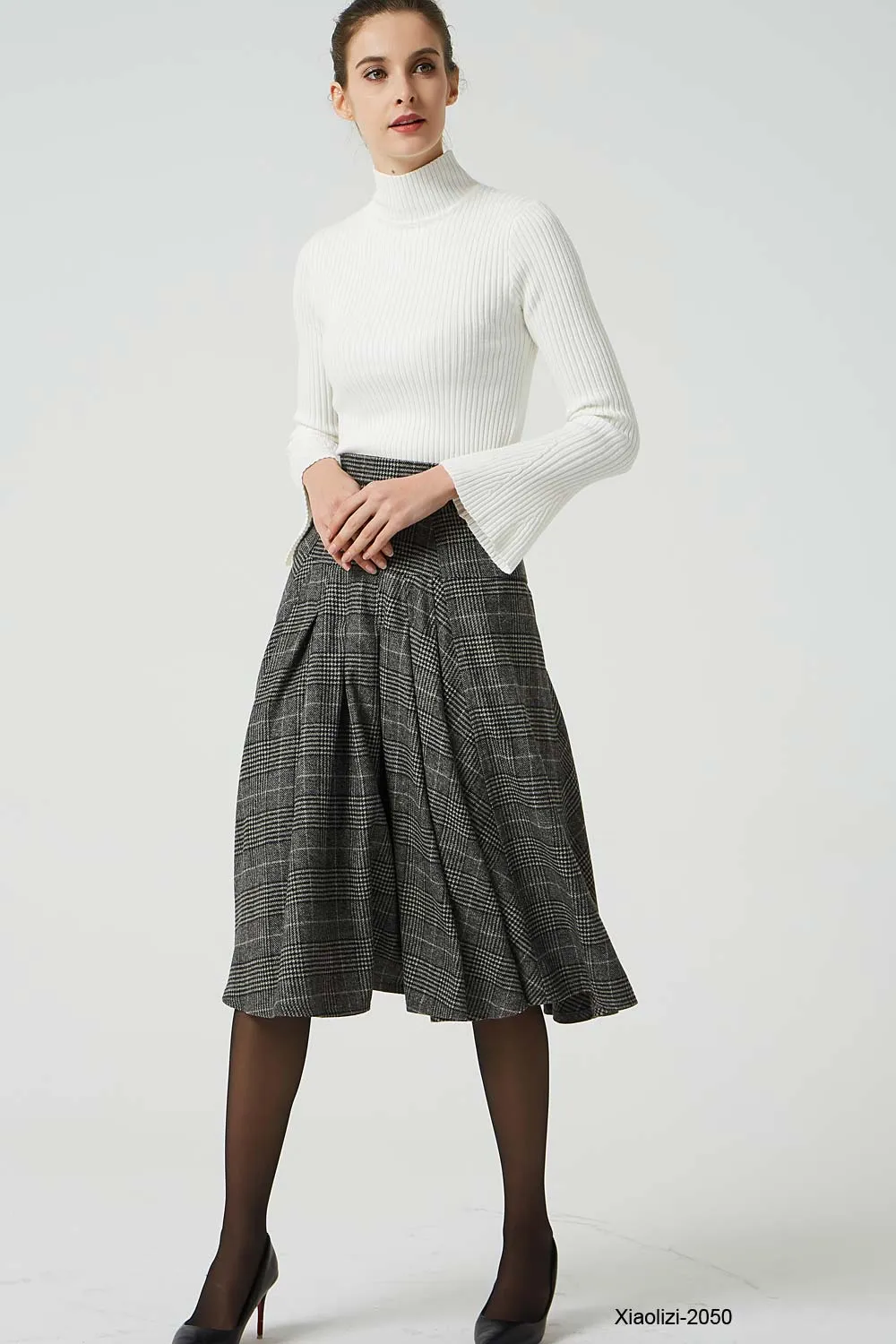 retro plaid wool skirt, pleated knee length skirt 2050