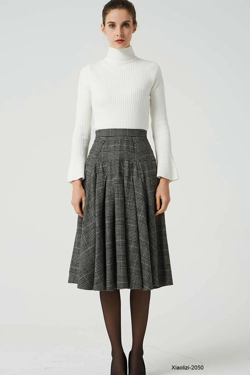 retro plaid wool skirt, pleated knee length skirt 2050