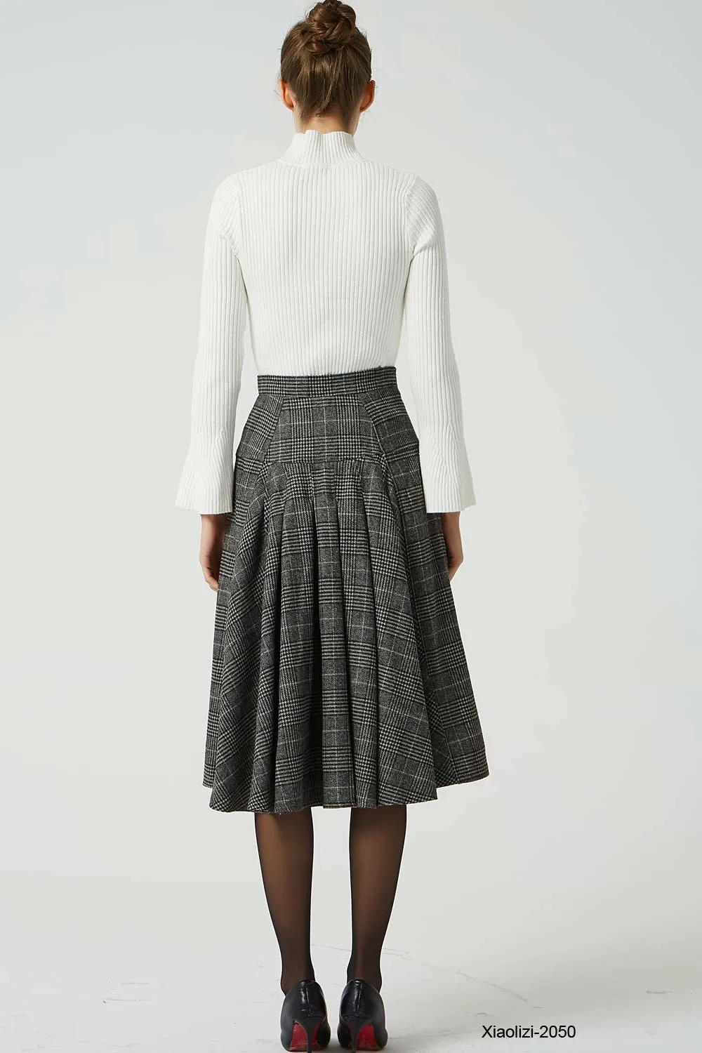 retro plaid wool skirt, pleated knee length skirt 2050