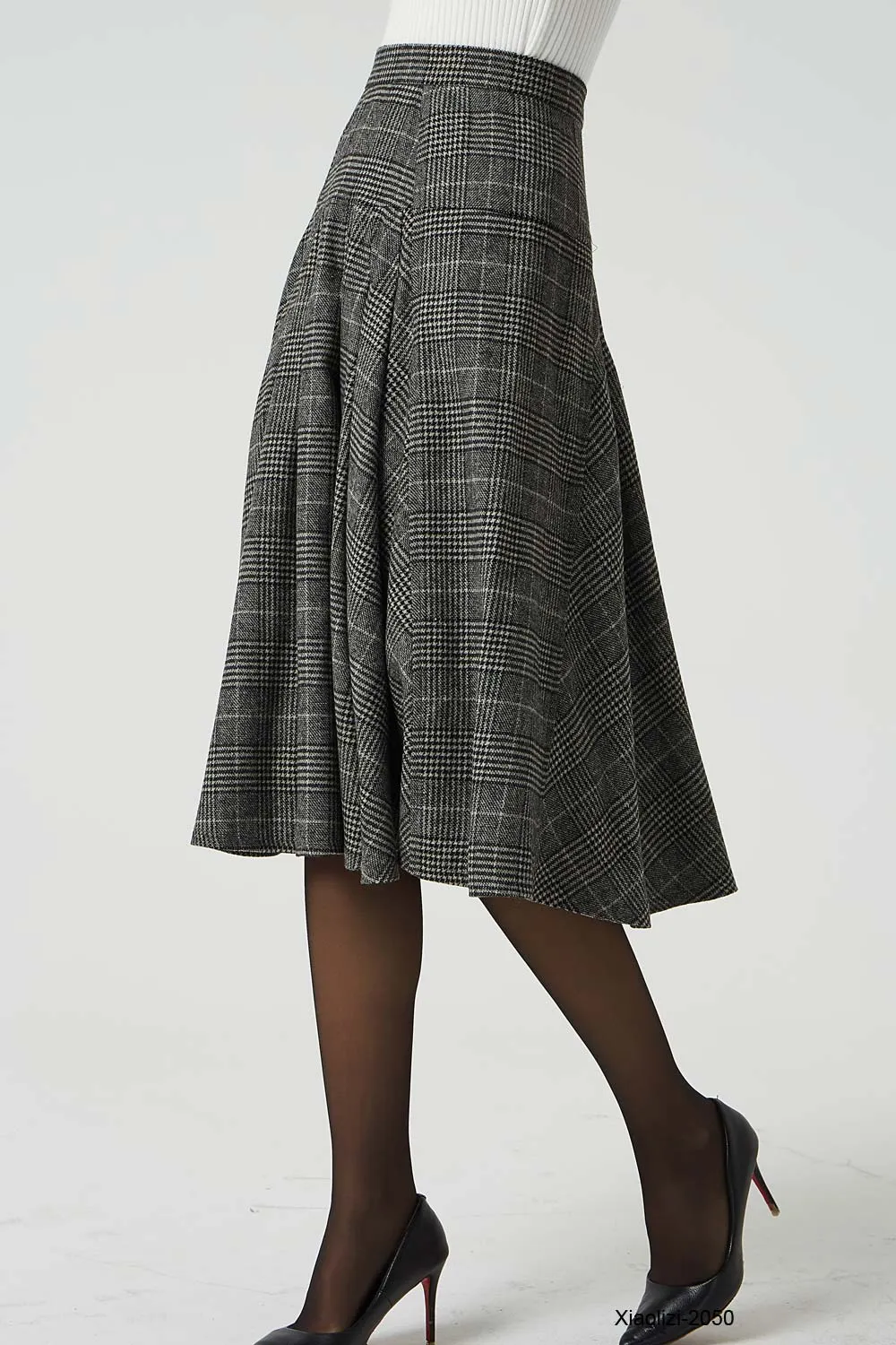 retro plaid wool skirt, pleated knee length skirt 2050