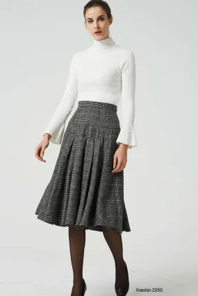 retro plaid wool skirt, pleated knee length skirt 2050