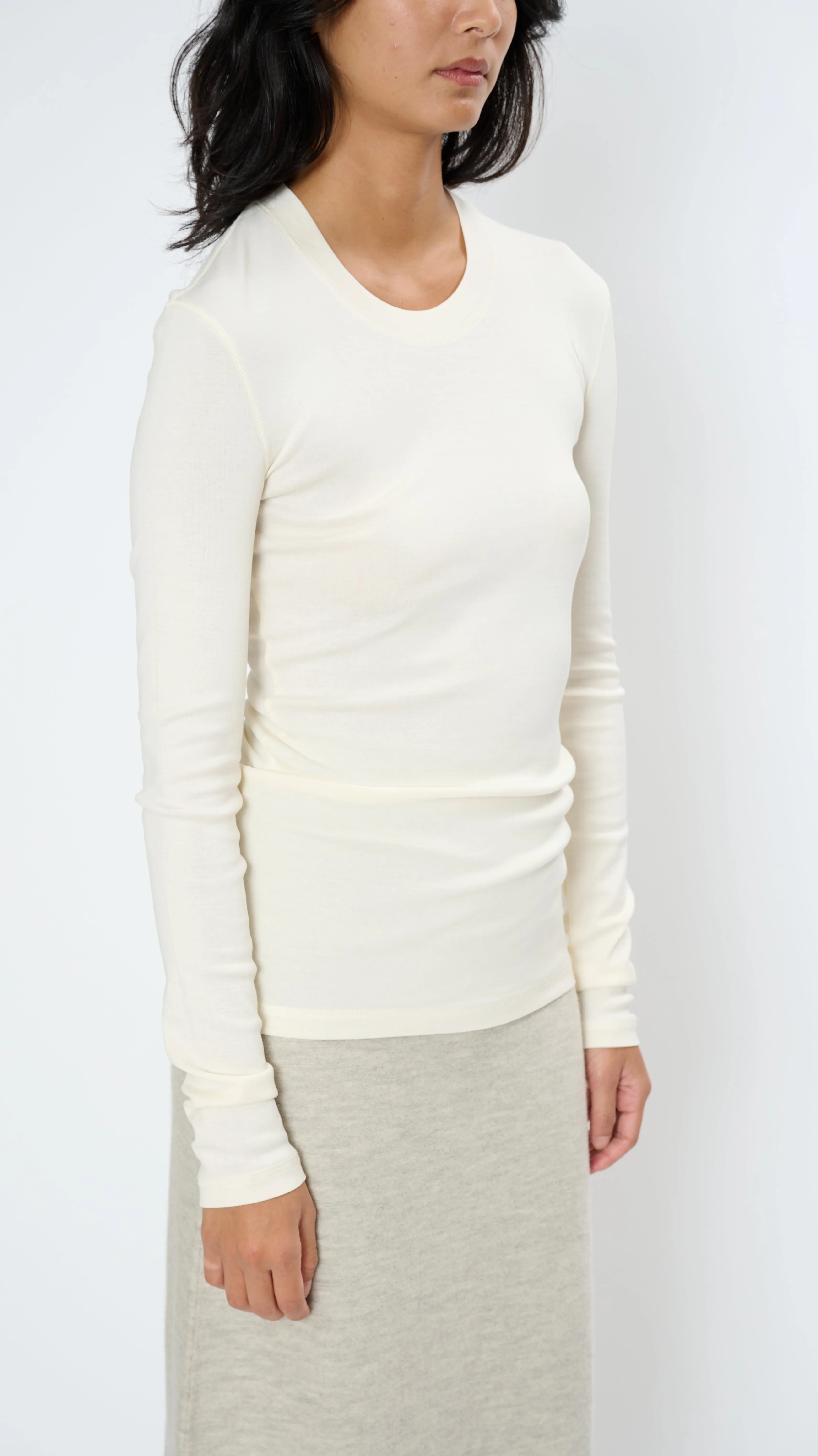 Rib Long Sleeve T-Shirt in Light Cream