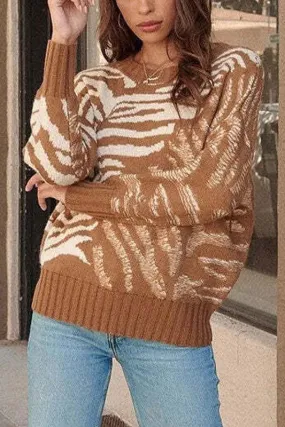 Rust Zebra Knit Square Neck Long Sleeve Sweater