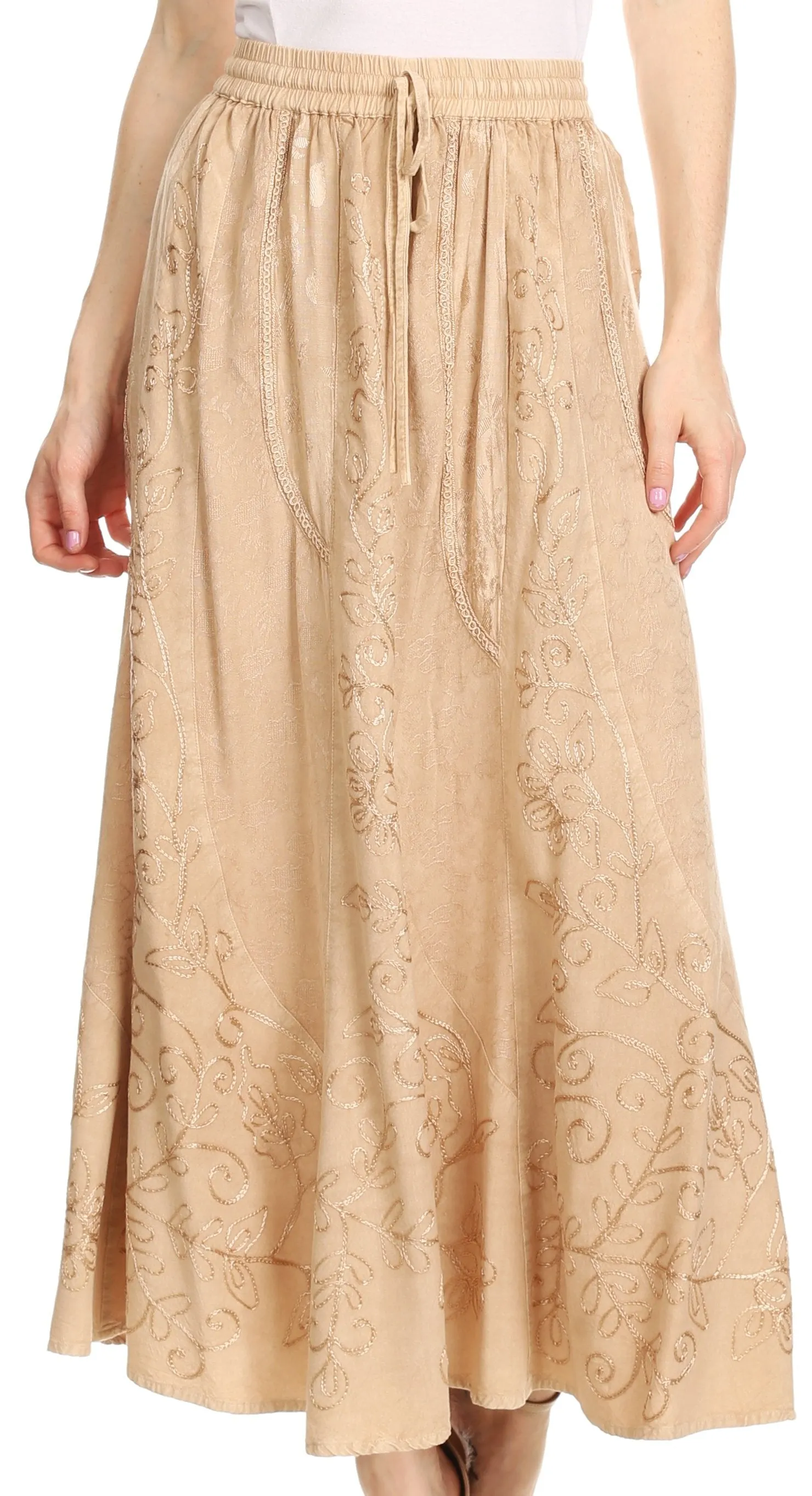 Sakkas Debora Full Length Embroidered Maxi Skirt with Adjustable Waist