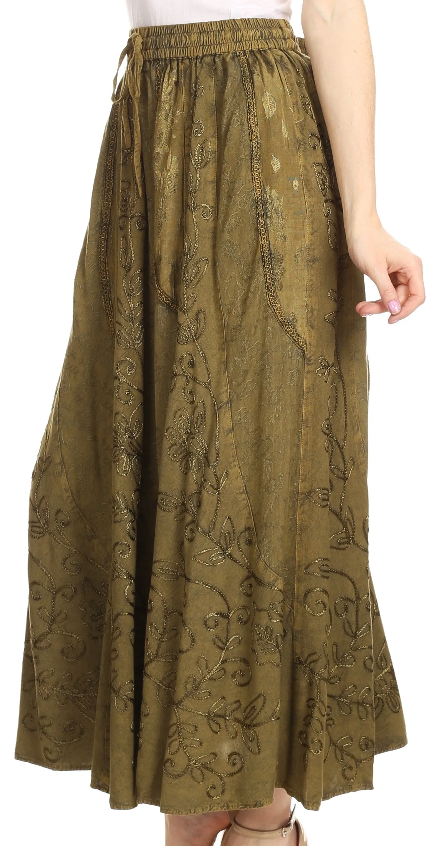 Sakkas Debora Full Length Embroidered Maxi Skirt with Adjustable Waist