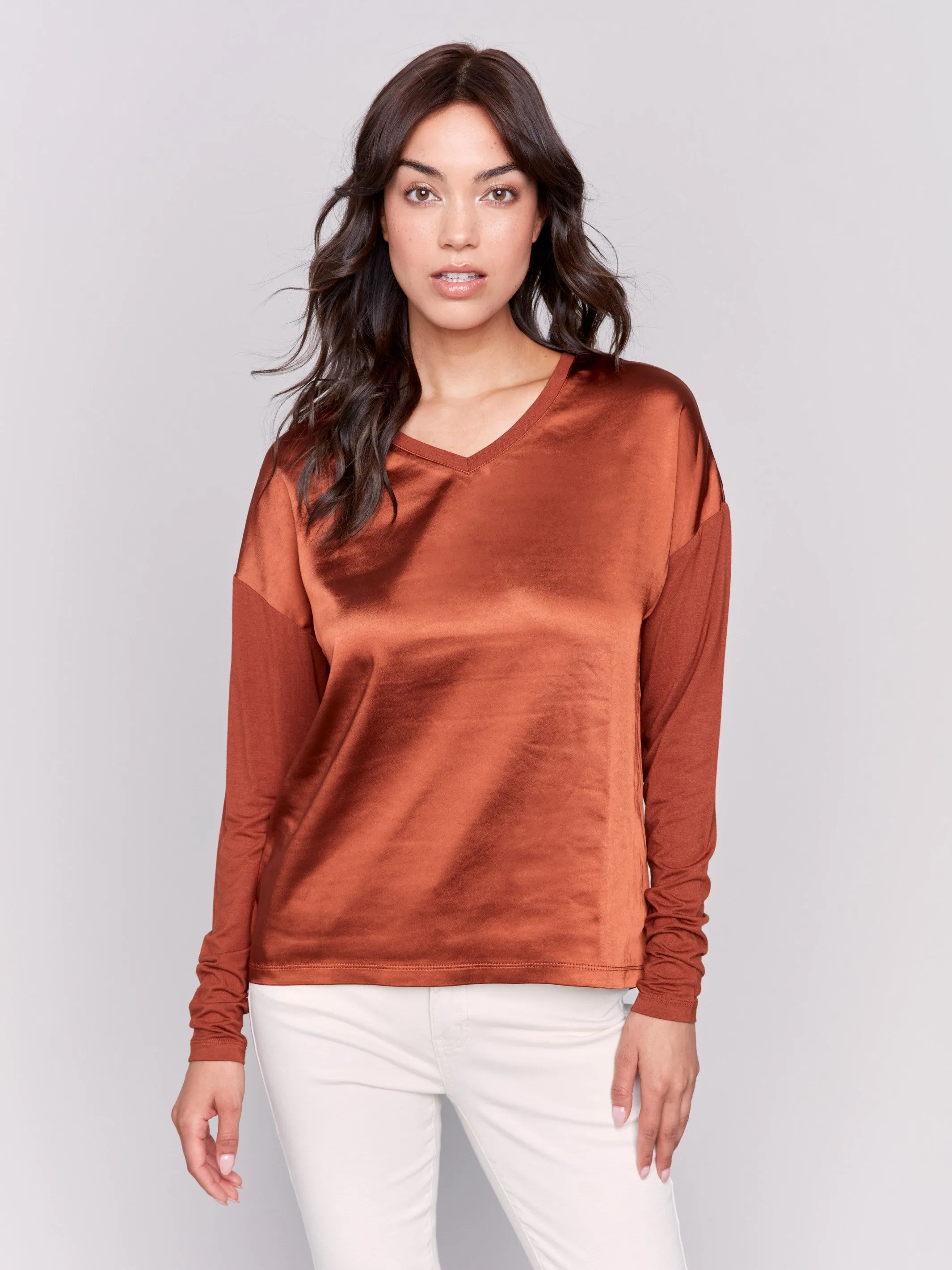 Satin and Jersey V-Neck Knit Top - Terracotta