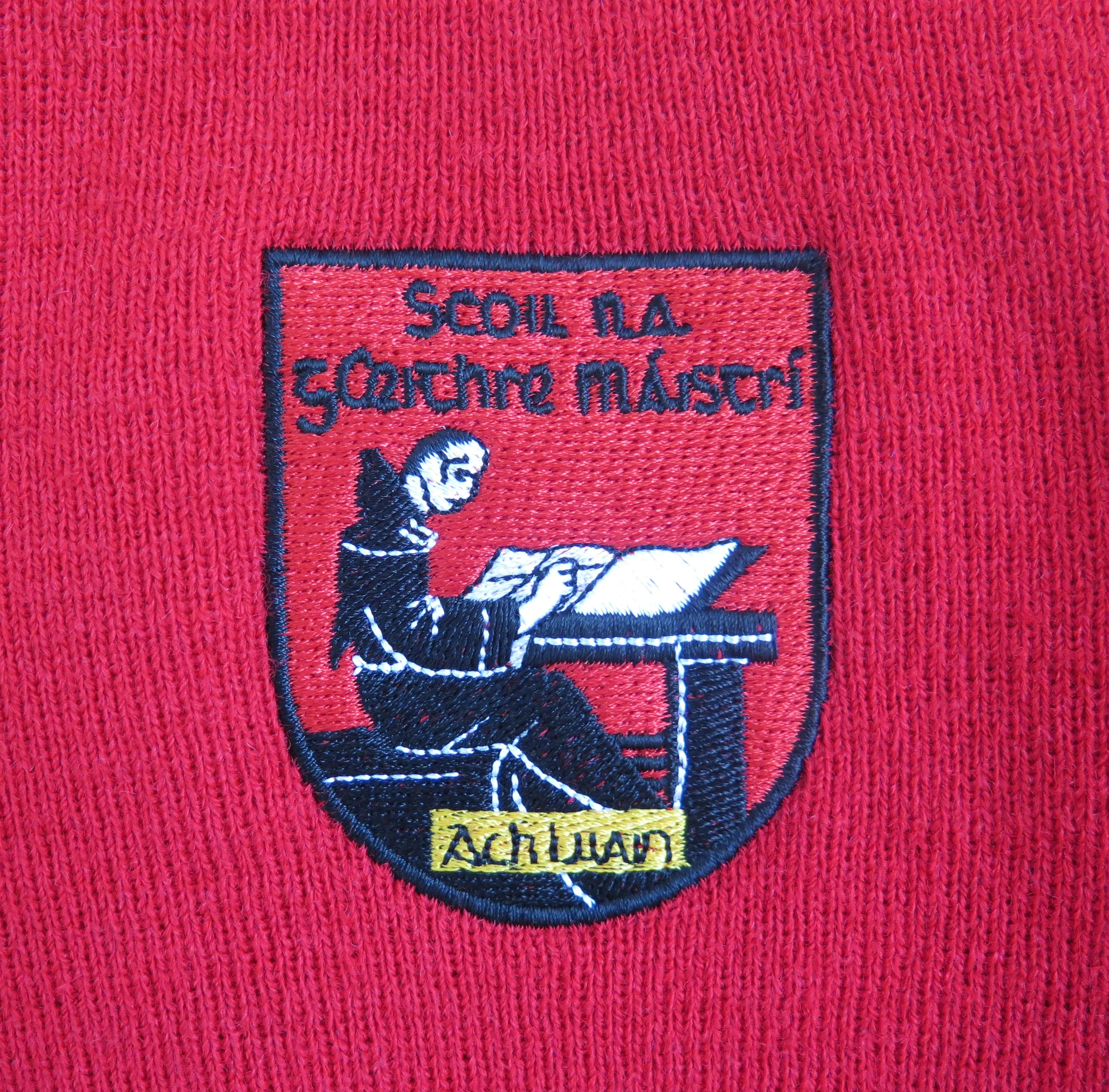 SCOIL NA GCEITHRE MAISTRI <BR>
V Neck, Acrylic Jumper <BR>
Red Crested <BR>