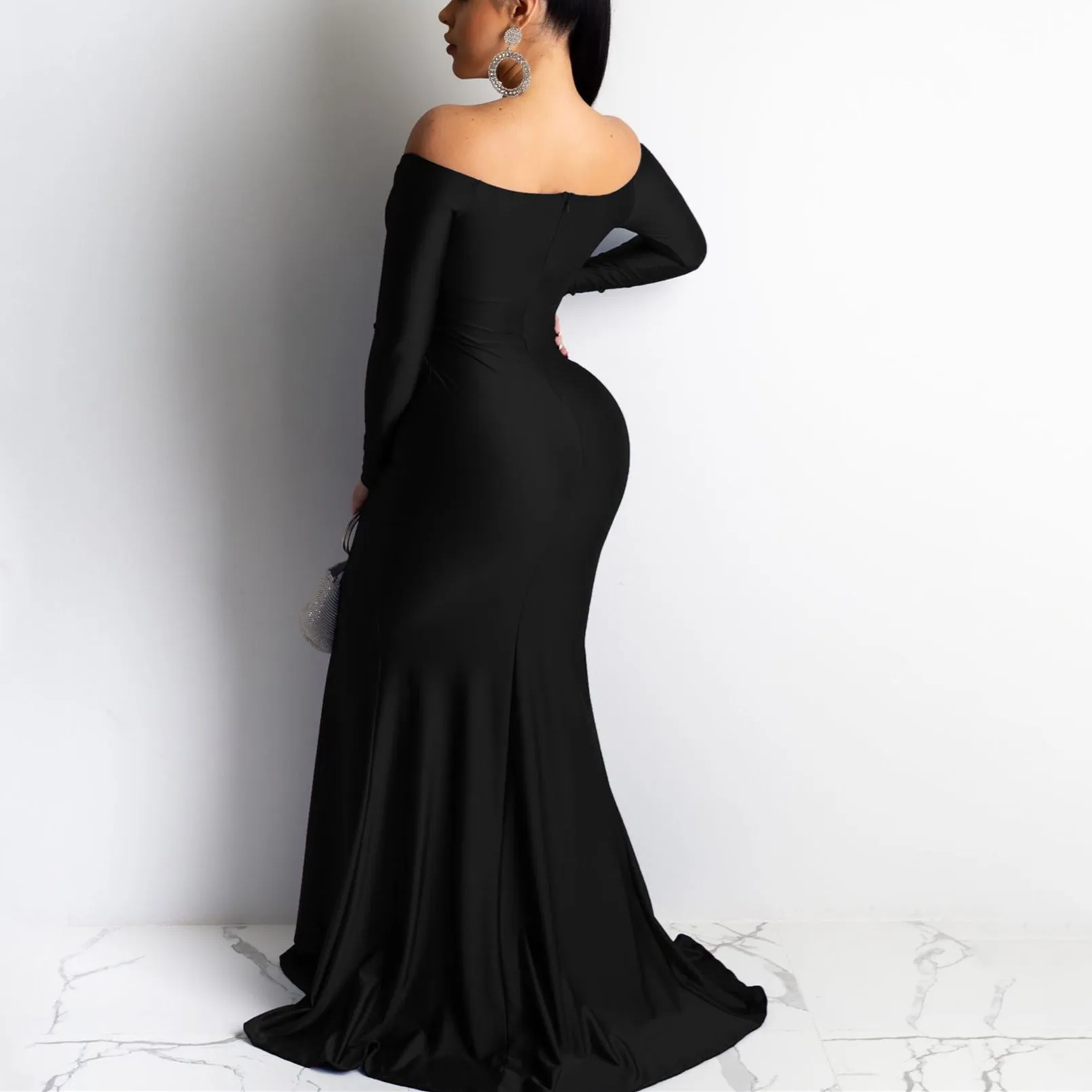 Sexy cold shoulder bodycon long sleeves v neck wrap maxi dress | High split floor-length fall winter party banquet dress