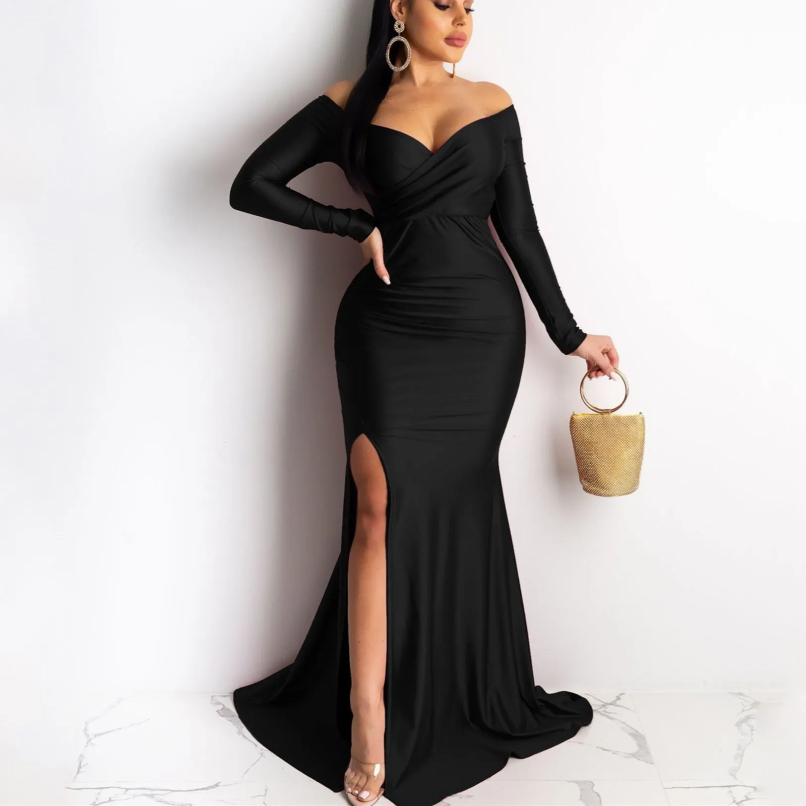 Sexy cold shoulder bodycon long sleeves v neck wrap maxi dress | High split floor-length fall winter party banquet dress