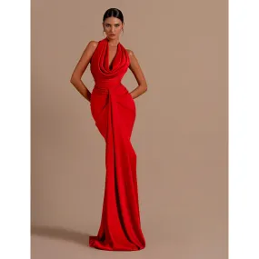 Sexy V Neck Pleats Red Mermaid Long Formal Party Dress