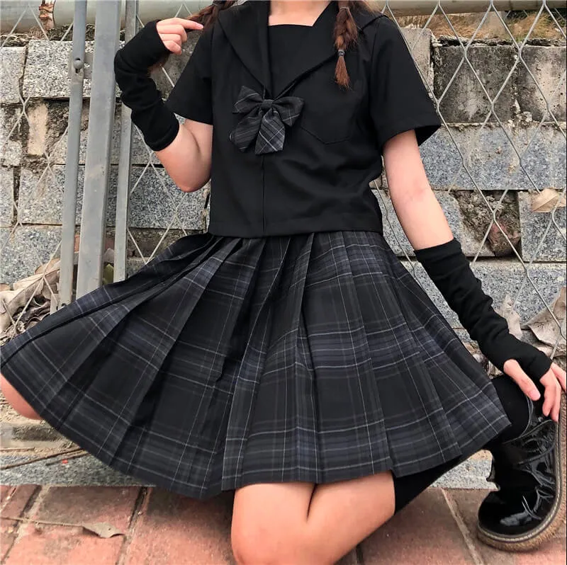 [Skirt / Bow] JK Carbon-Grey plaid uniform skirt