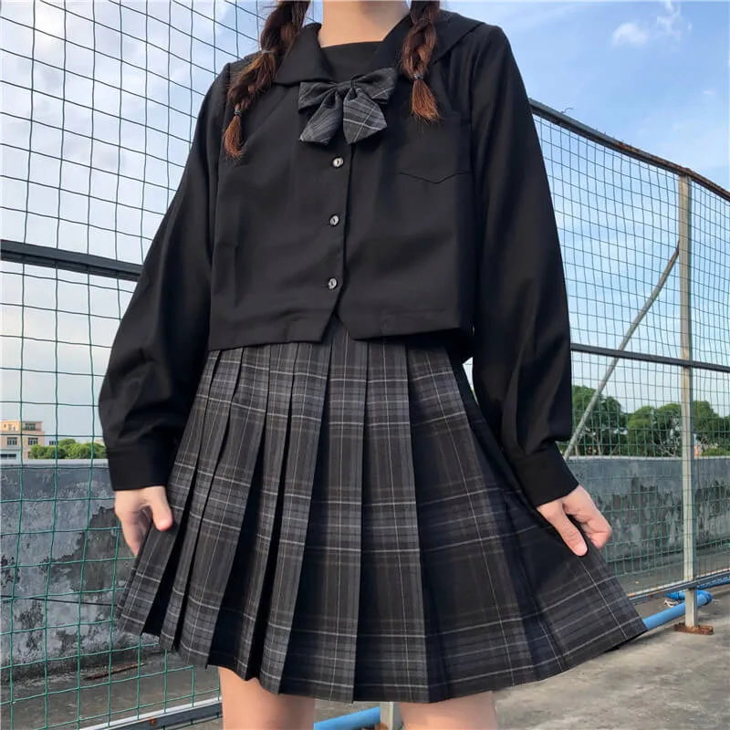 [Skirt / Bow] JK Carbon-Grey plaid uniform skirt