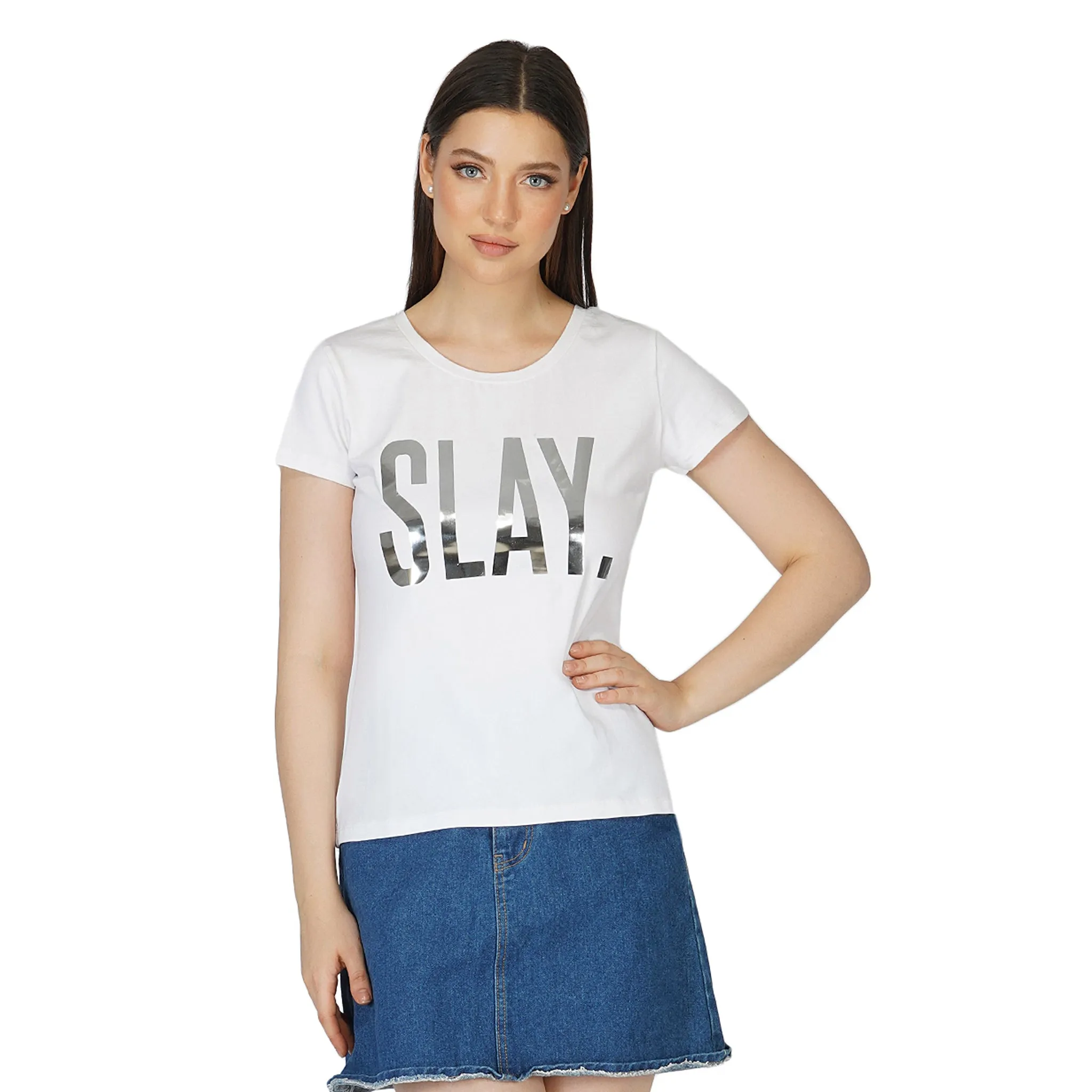 SLAY. Women's Limited Edition Silver Foil Printed T-shirt Reflective Print