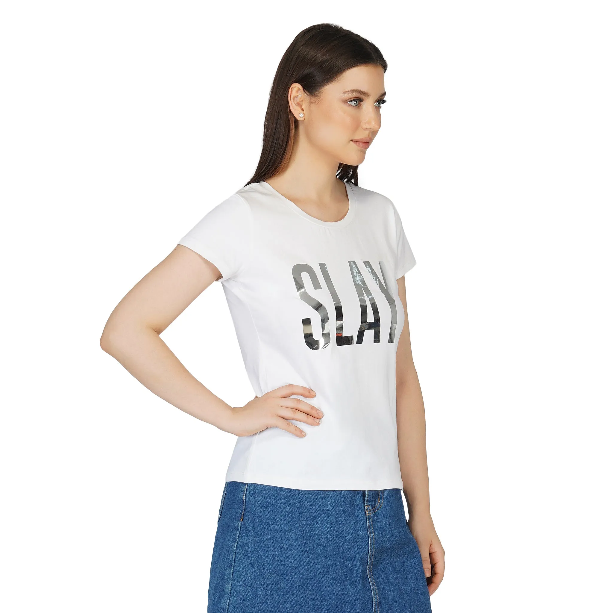 SLAY. Women's Limited Edition Silver Foil Printed T-shirt Reflective Print