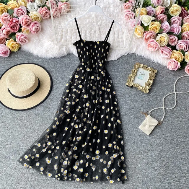 Slip Dress Long Mesh Floral Dress Women Vintage Elegant Sexy Beach Dresses Woman Party Night Korean Kawaii Ruffle Backless