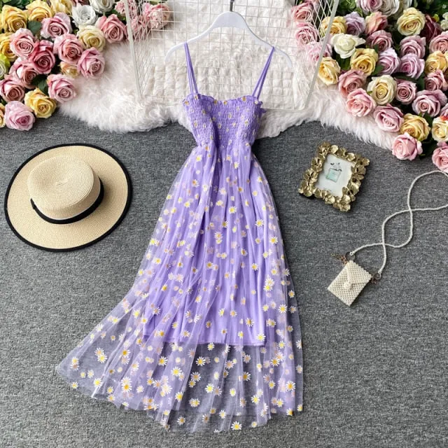 Slip Dress Long Mesh Floral Dress Women Vintage Elegant Sexy Beach Dresses Woman Party Night Korean Kawaii Ruffle Backless