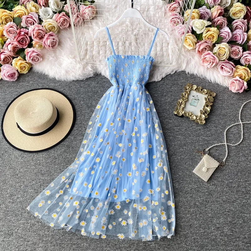 Slip Dress Long Mesh Floral Dress Women Vintage Elegant Sexy Beach Dresses Woman Party Night Korean Kawaii Ruffle Backless