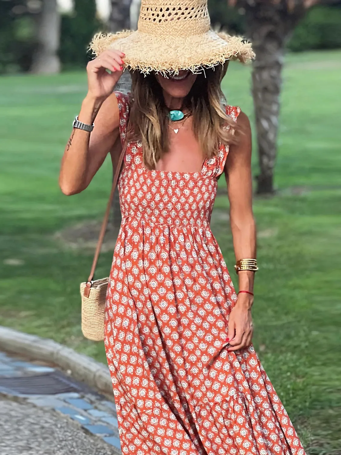 Smocked Printed Square Neck Sleeveless Dress