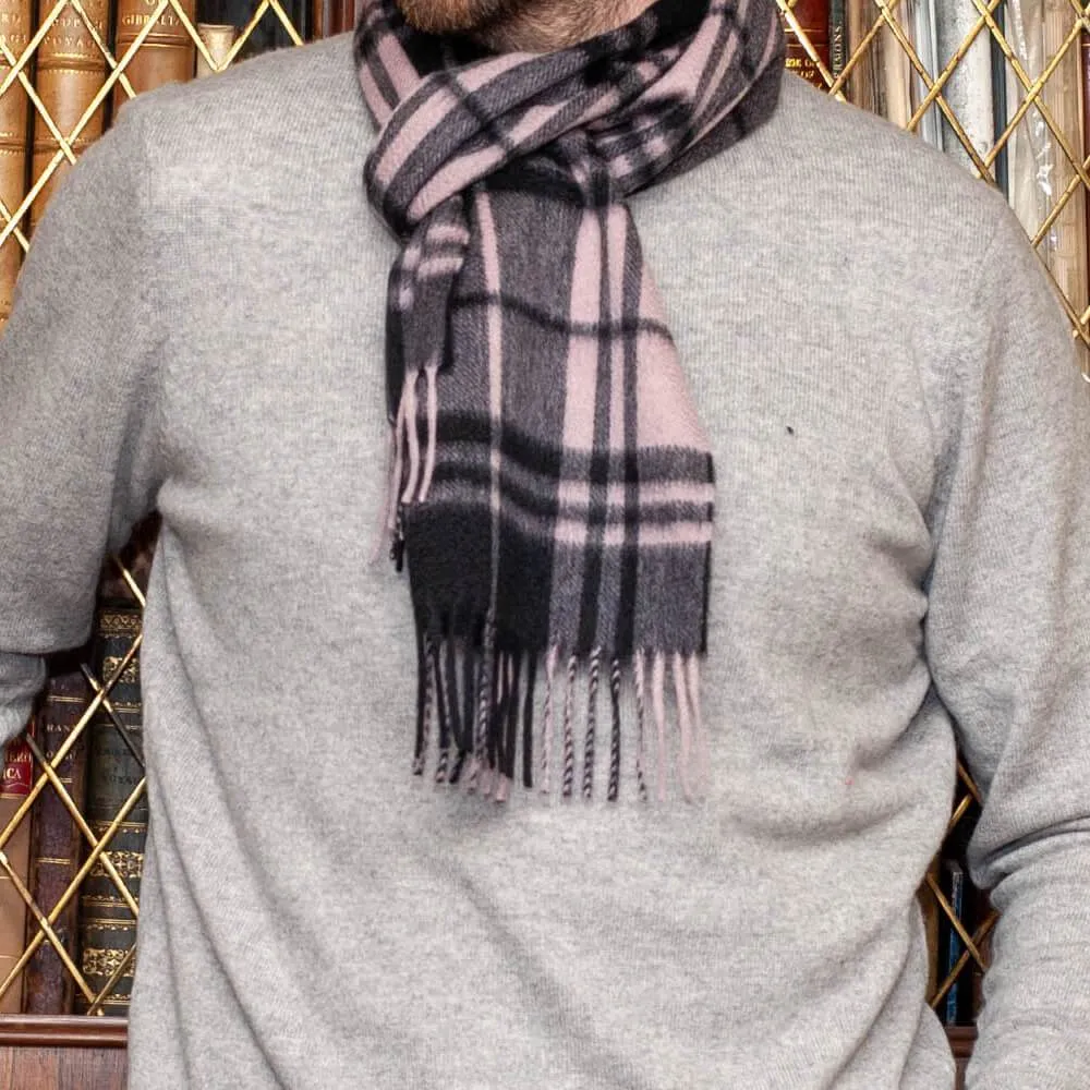 Soft Pink and Black Plaid Check Cashmere Scarf