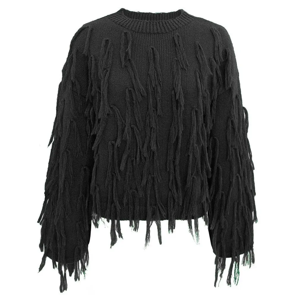 Solid Spliced Tassel Sweaters For Women Round Neck Long Sleeve Casual Loose Chic Knitting Sweater Female Fashion