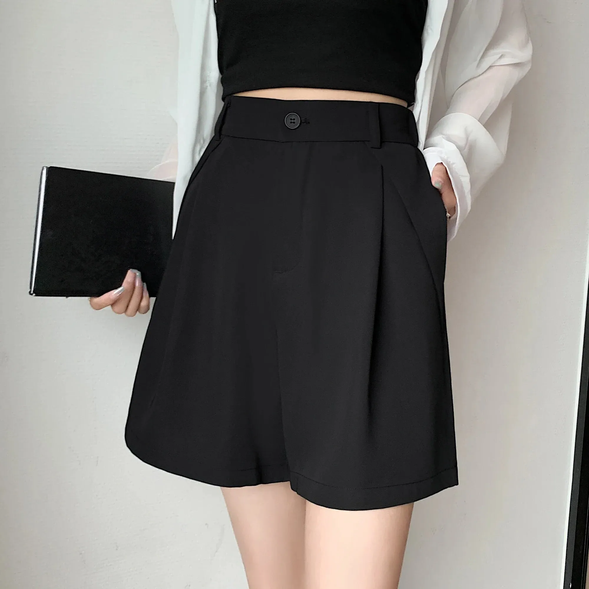 Solid Waist Women's Casual Shorts 2024 Elegant Minimalism Straight Loose Trousers Suit Shorts