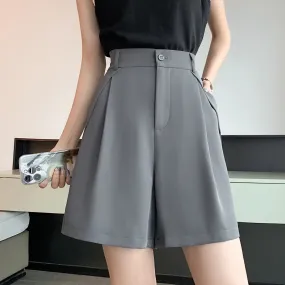 Solid Waist Women's Casual Shorts 2024 Elegant Minimalism Straight Loose Trousers Suit Shorts