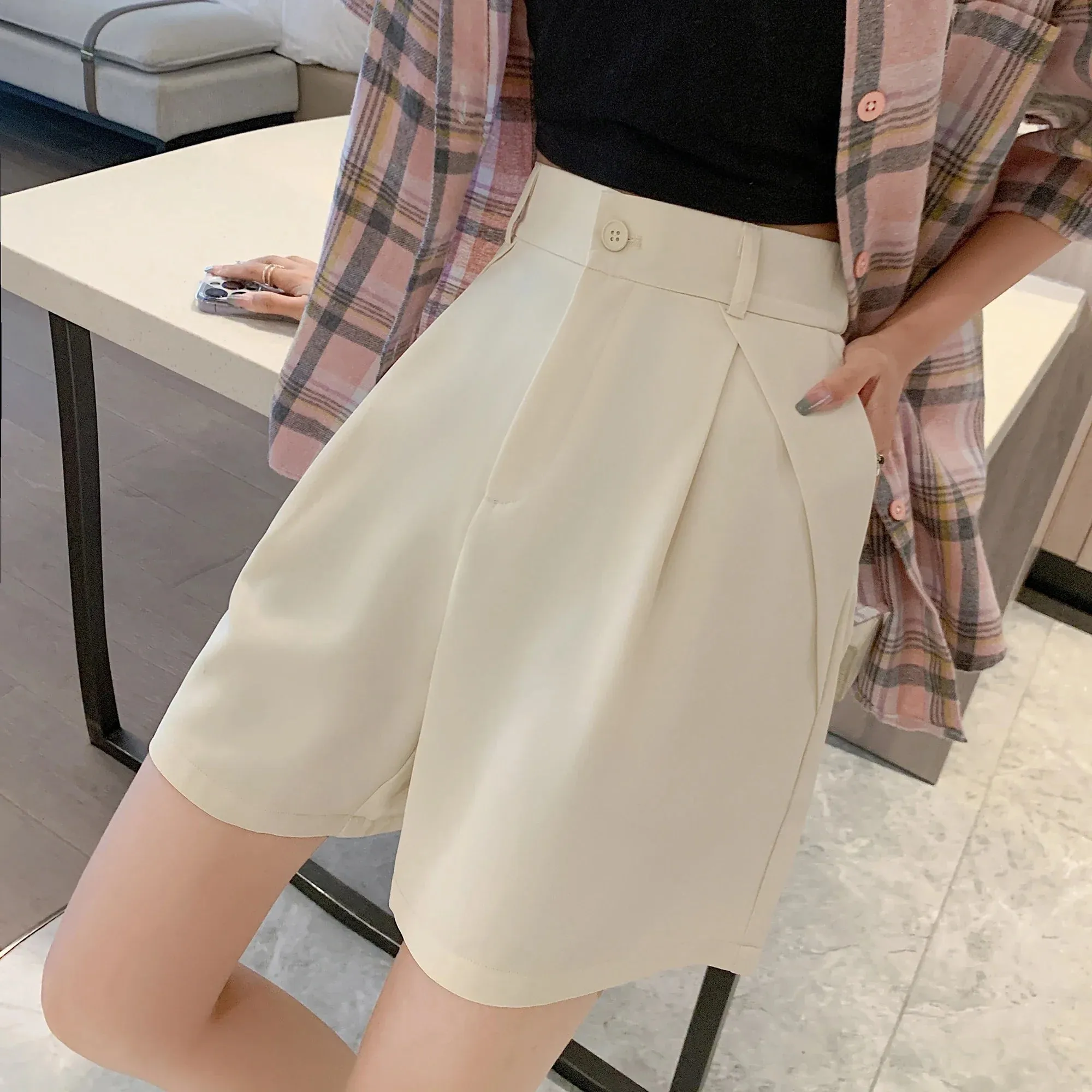 Solid Waist Women's Casual Shorts 2024 Elegant Minimalism Straight Loose Trousers Suit Shorts