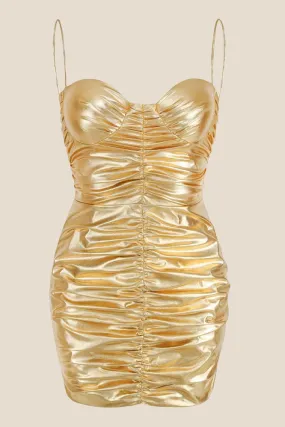 Spaghetti Straps Golden Ruched Tight Short Dress