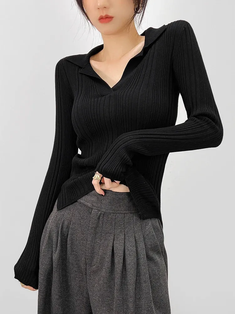 Spring Autumn Lapel Slimming Tops Ladies Sexy V Neck Long Sleeve Soft Bodycon Pullovers C-007