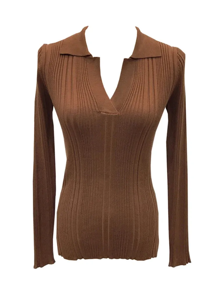 Spring Autumn Lapel Slimming Tops Ladies Sexy V Neck Long Sleeve Soft Bodycon Pullovers C-007